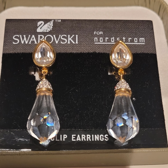 Swarovski swan logo clear rhinestone,  large crystal dangle clip on earrings